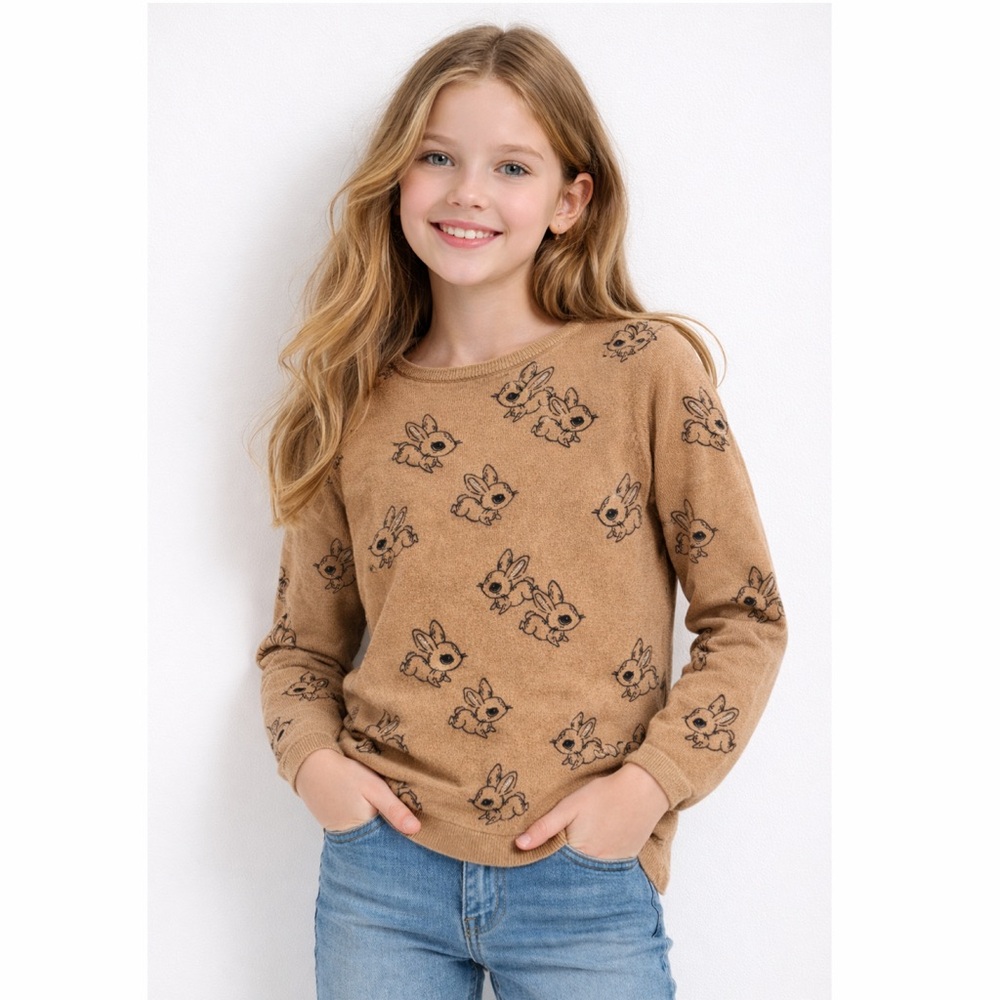 H&M Girls Bunny Sweater US‎ 8/10 Tan Long Sleeve Knit Top Cute Print